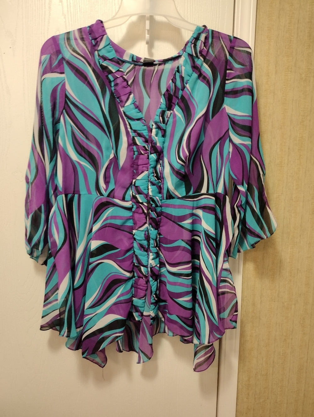 Ashley Stewart Purple & Teal Swirl Ruffle Front Blouse